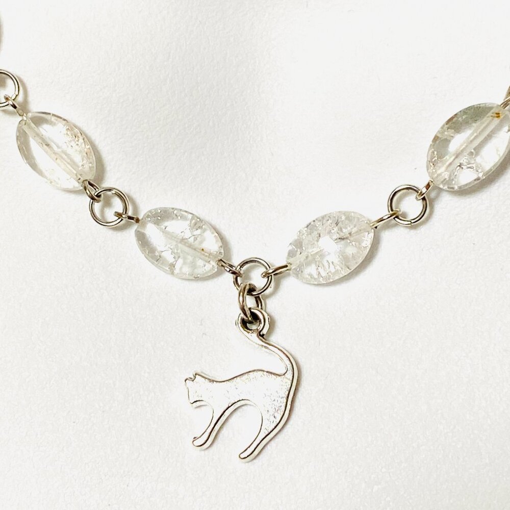Clear Crackle Quartz Short Necklace, Gemstone & Cute Silver Slim Cat Pendant